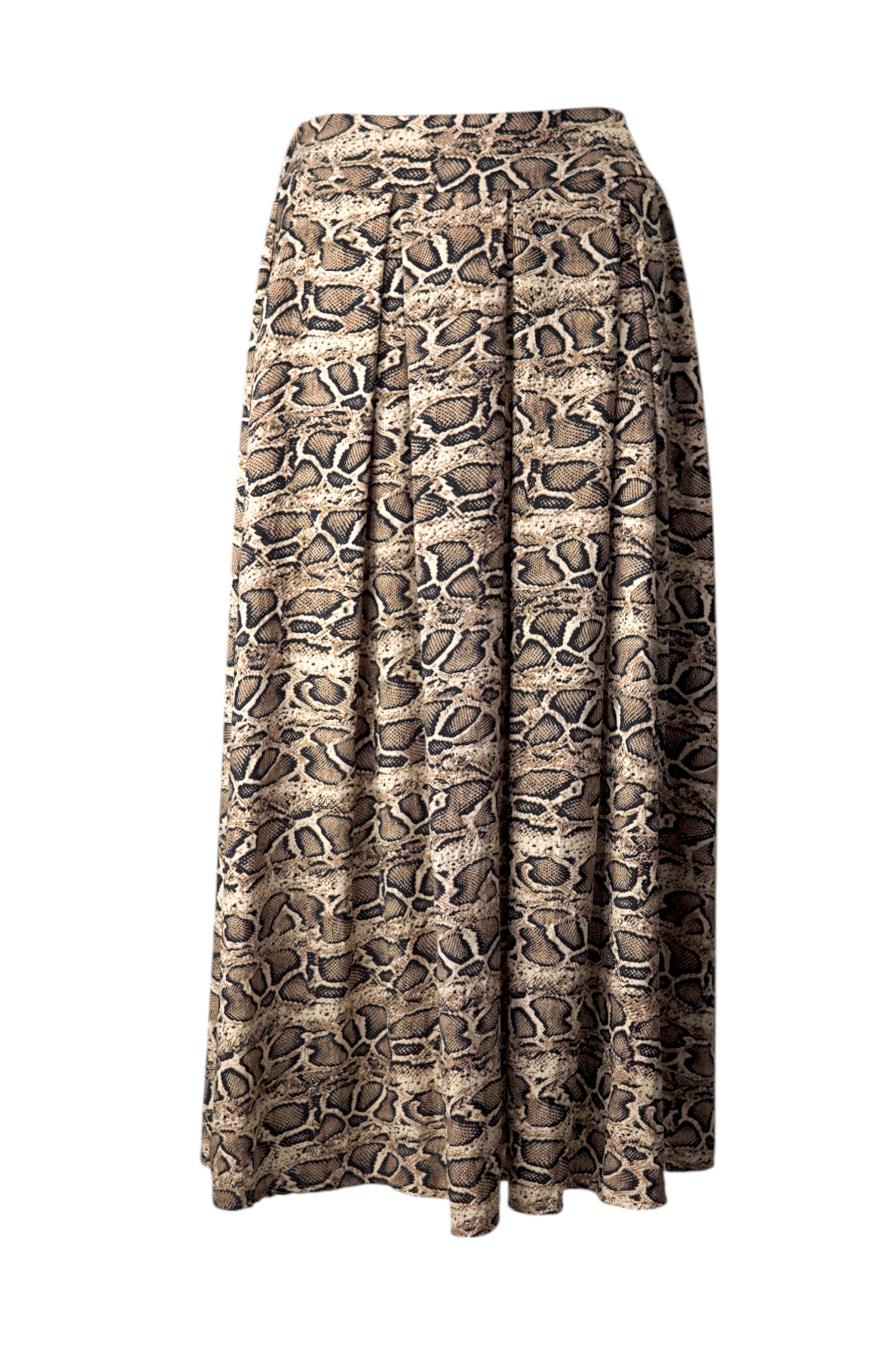 Vedere din spate a fustei lungi cu imprimeu snake print, evidențiind volumul generos.