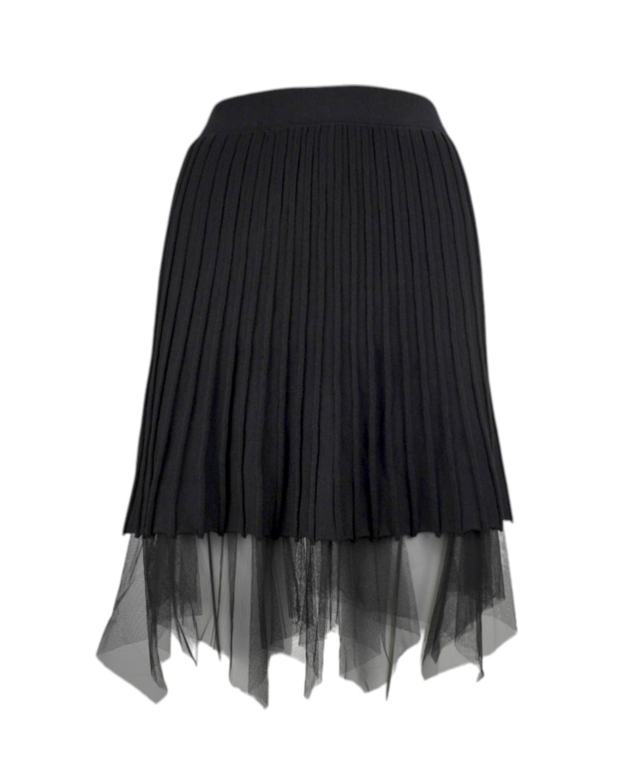 Fustă scurtă din tricot plisat cu strat de tul transparent, vedere din față, elegantă și versatilă.

