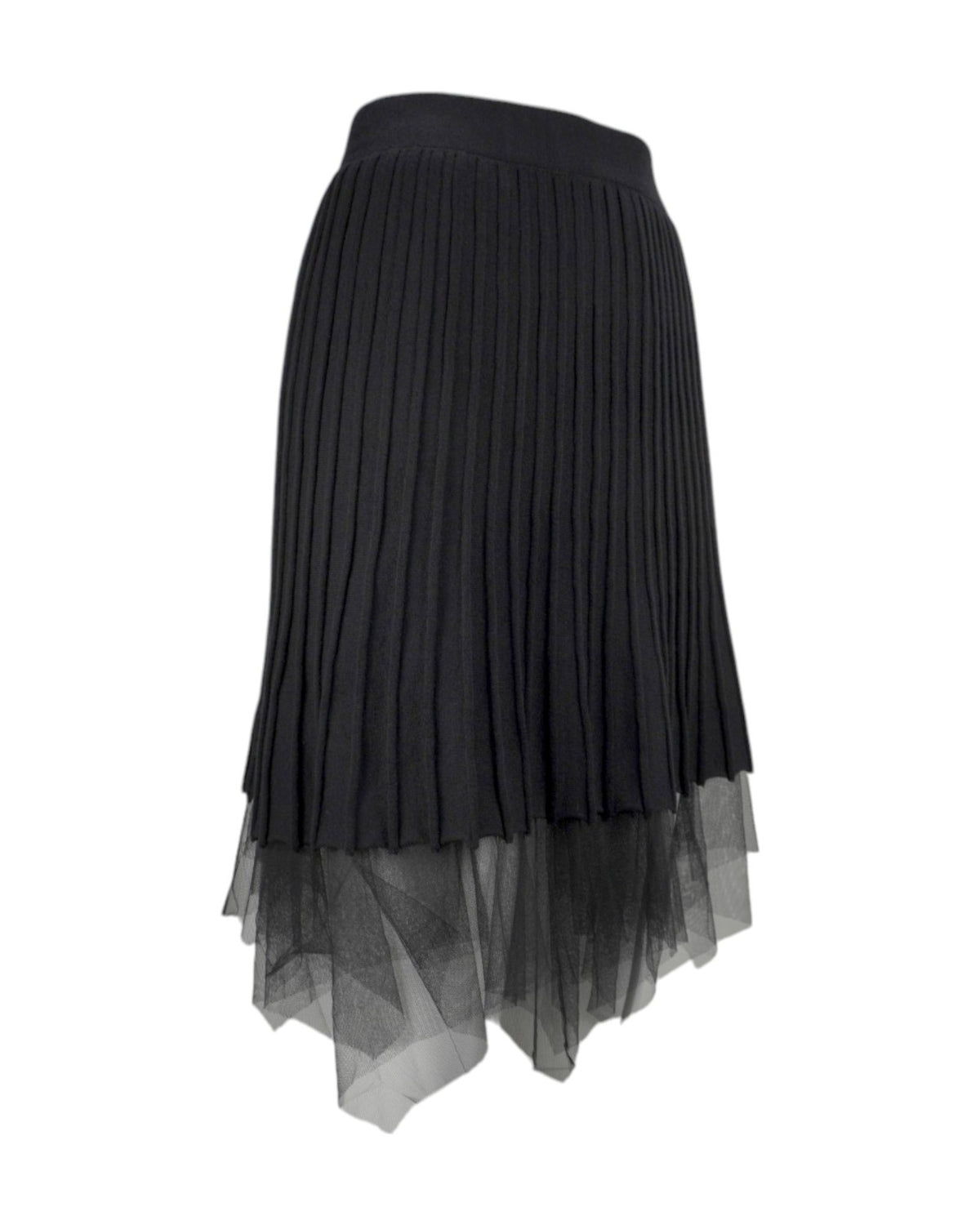 Fustă scurtă din tricot negru, cu talie elastică și strat inferior din tul, vedere laterală.
