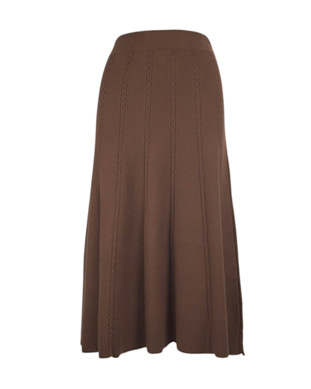 Fustă clos din tricot gros, de culoare maro, cu detalii împletite și design confortabil.