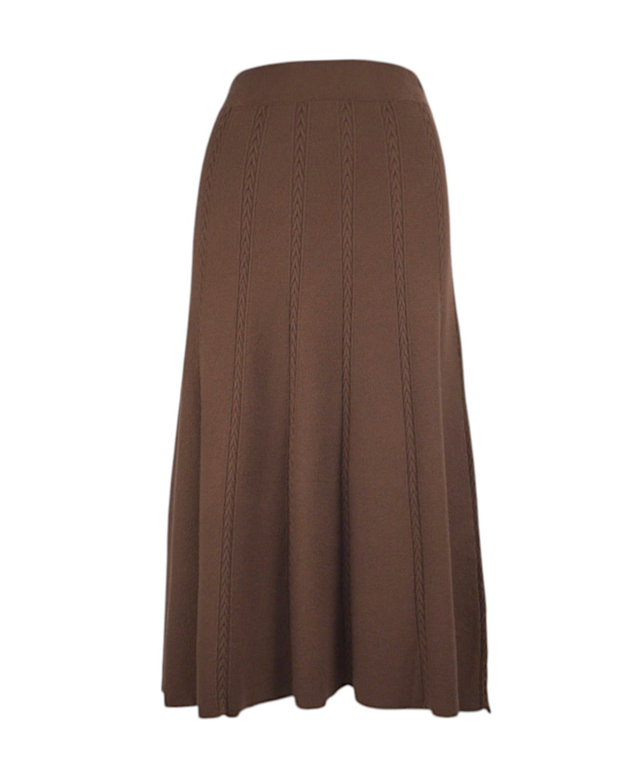 Fustă clos din tricot gros, de culoare maro, cu detalii împletite și design confortabil.