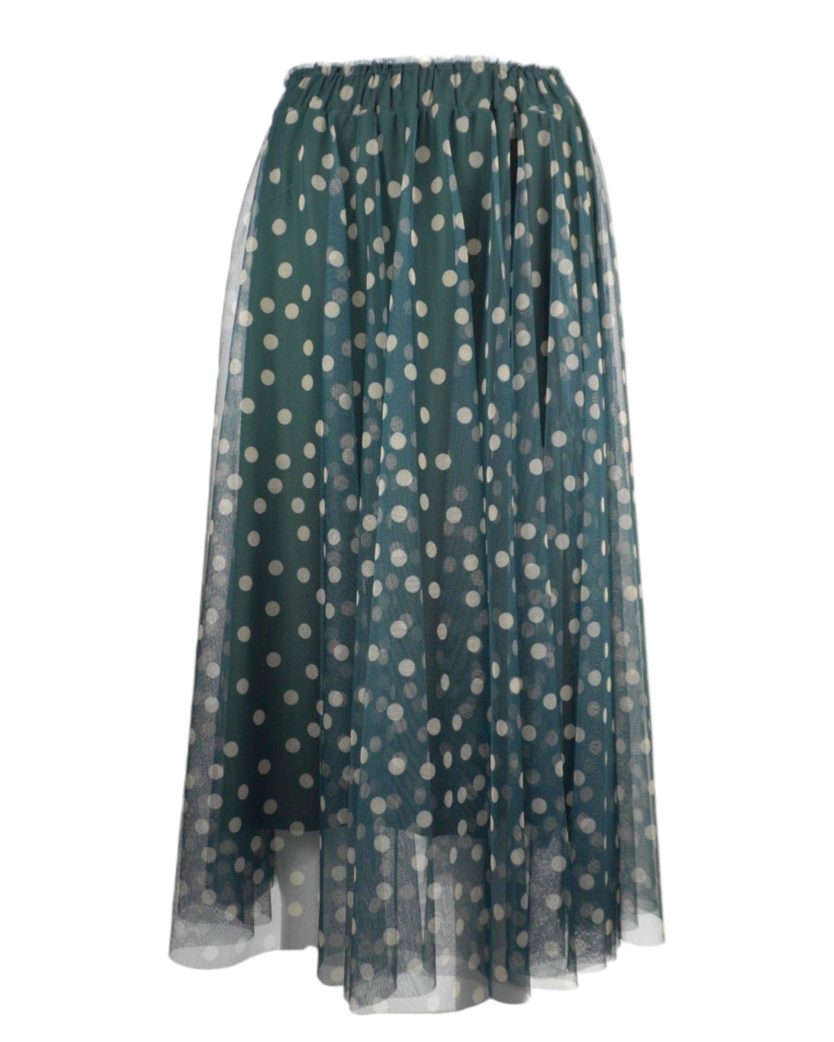 Fustă midi din tul cu buline mici albe pe fundal verde, vedere completă cu pliuri elegante.