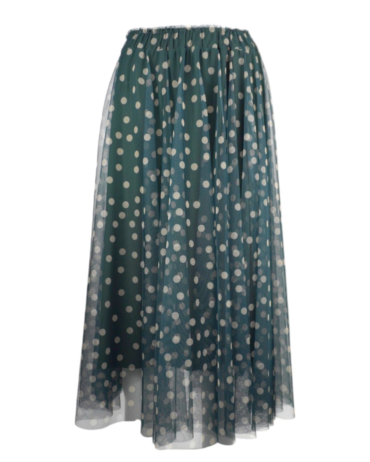 Fustă midi din tul cu buline mici albe pe fundal verde, vedere completă cu pliuri elegante.