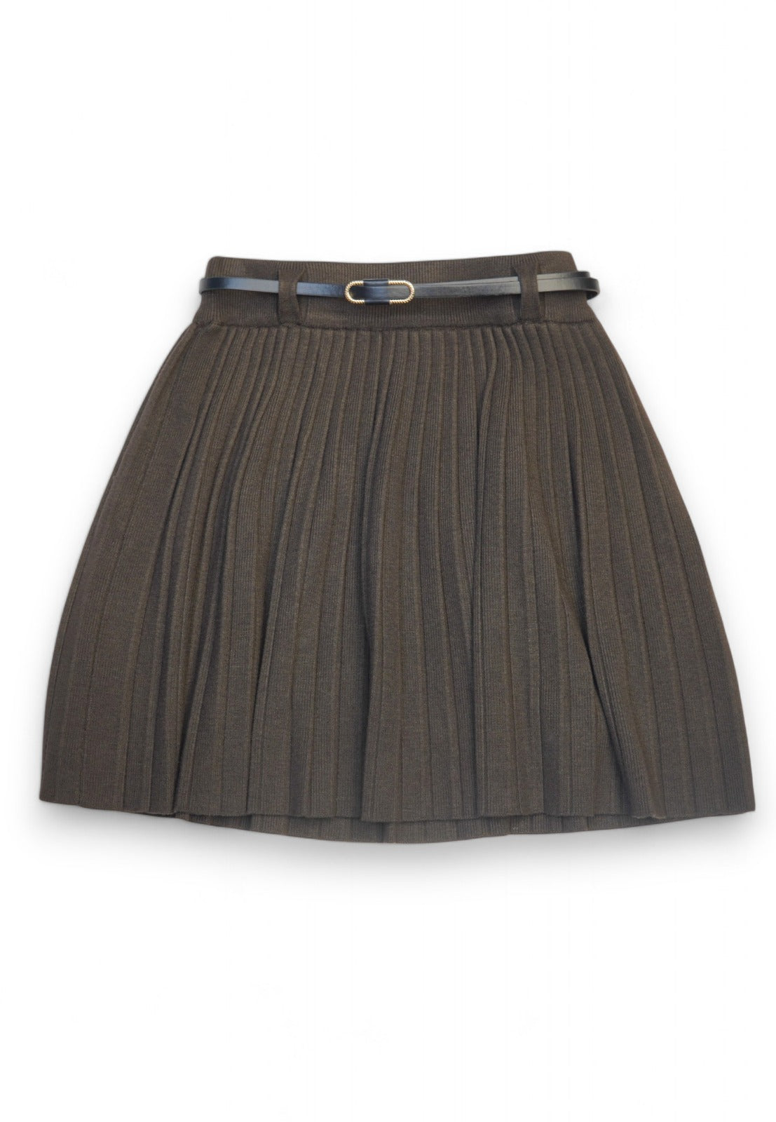 Fustă plisată de culoare maro cu curea decorativă din piele, detaliu auriu pe cataramă