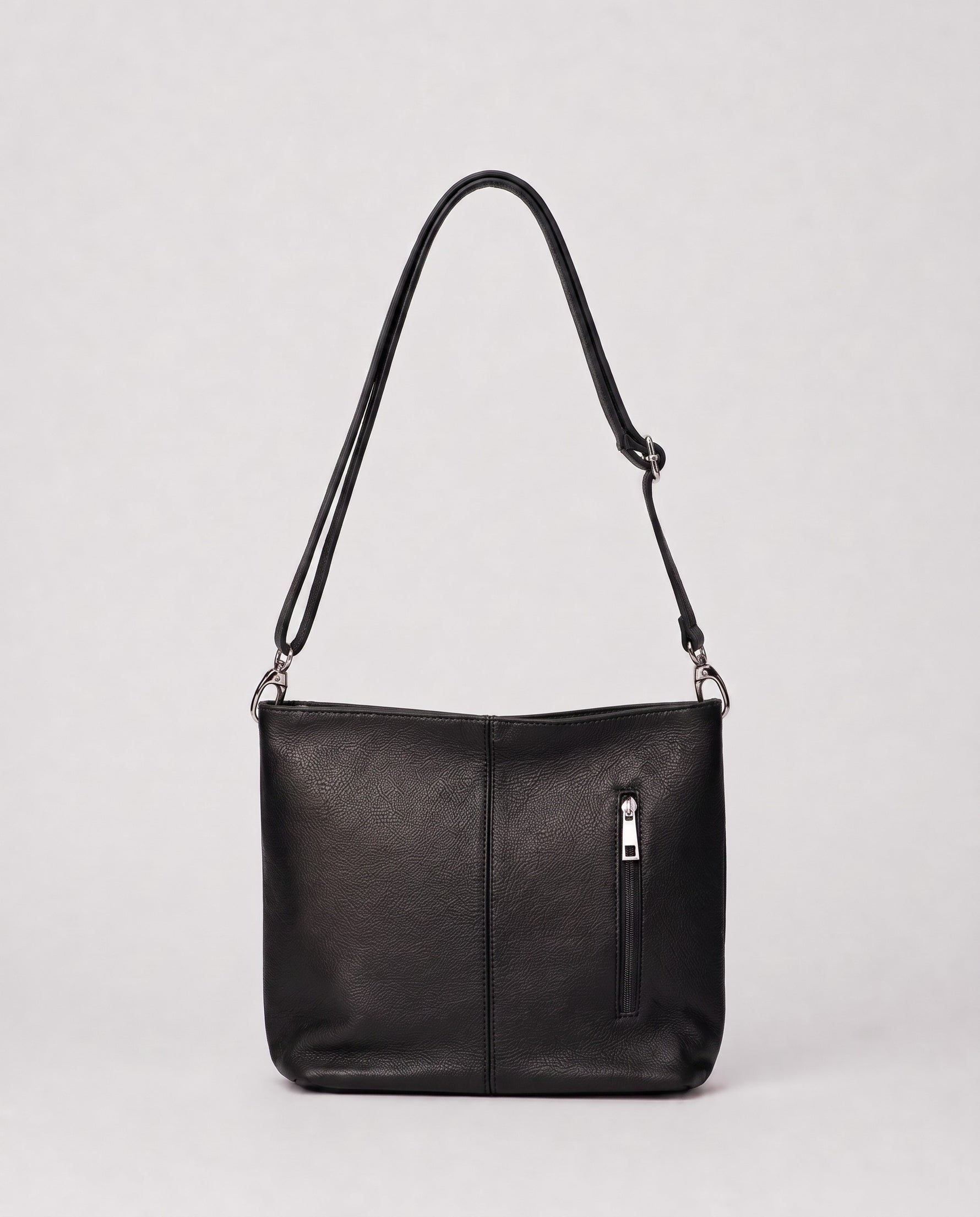 Geantă medie tip sac din piele naturală cu buzunar vertical, nuanța negru, All Above Boutique.