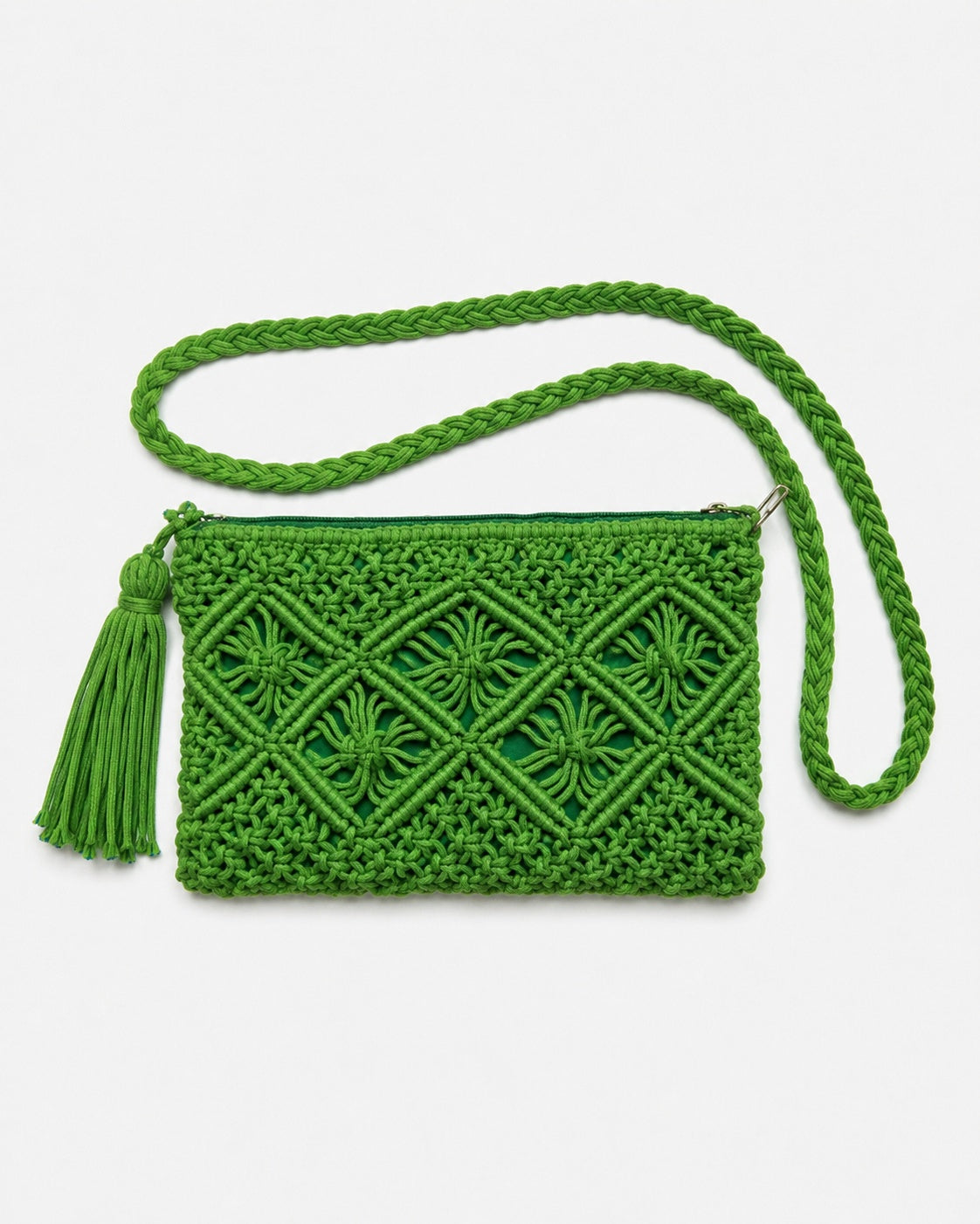 Geantă crossbody din macrame, verde, vedere din față