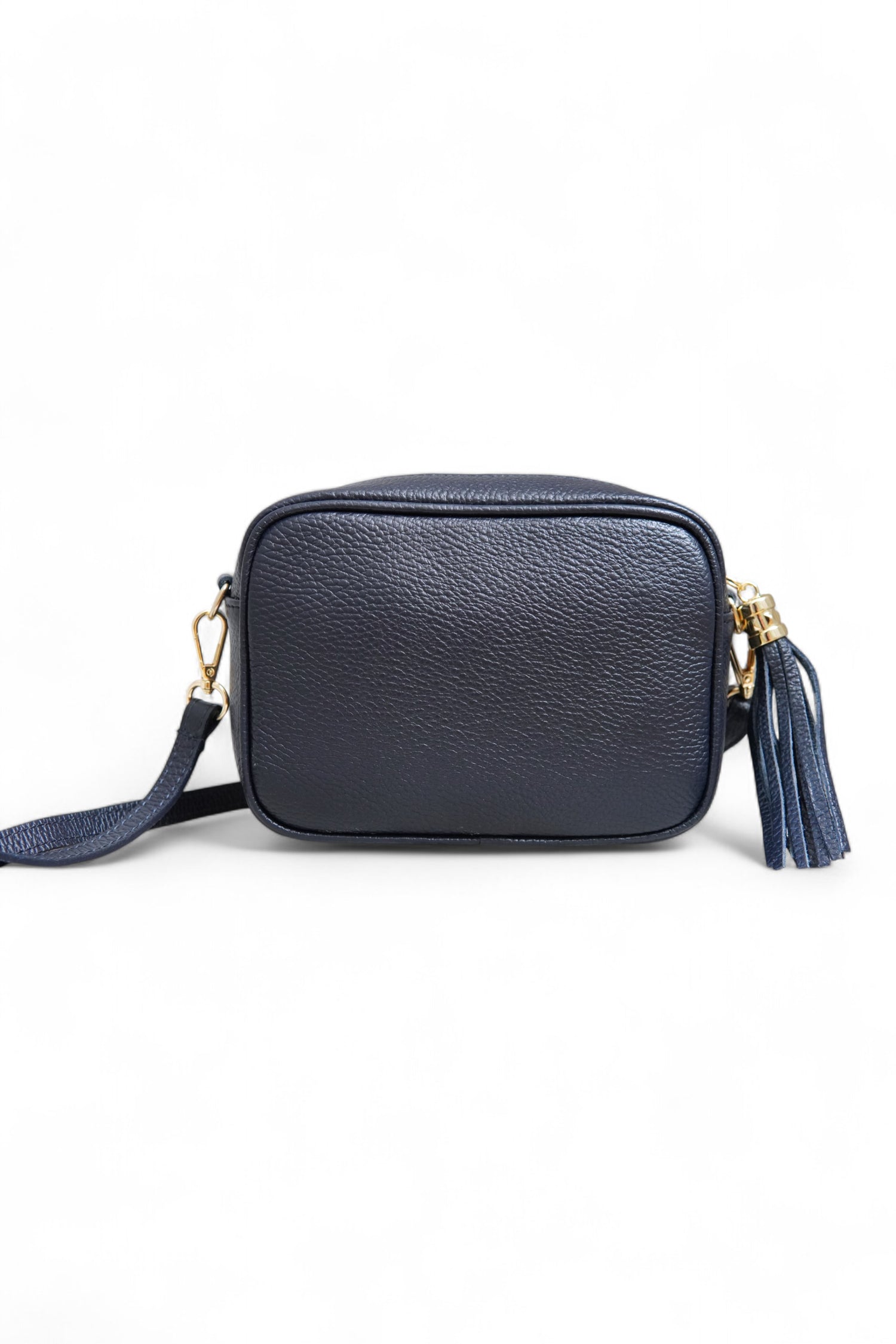 Geantă crossbody bleumarin din piele ecologică, cu ciucure decorativ și curea lungă detașabilă.