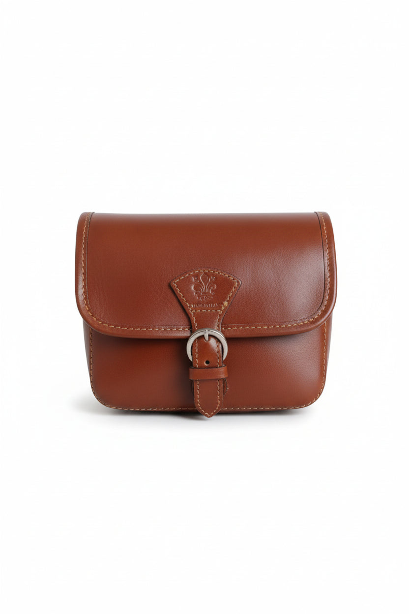 Geantă mică bucket castanie, cu cataramă metalică rotundă și detalii fine pe capac.