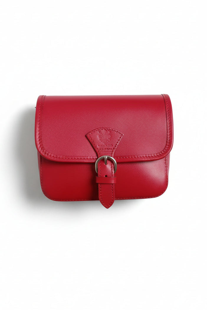 Geantă mică bucket rosie, cu cataramă metalică rotundă și detalii fine pe capac.