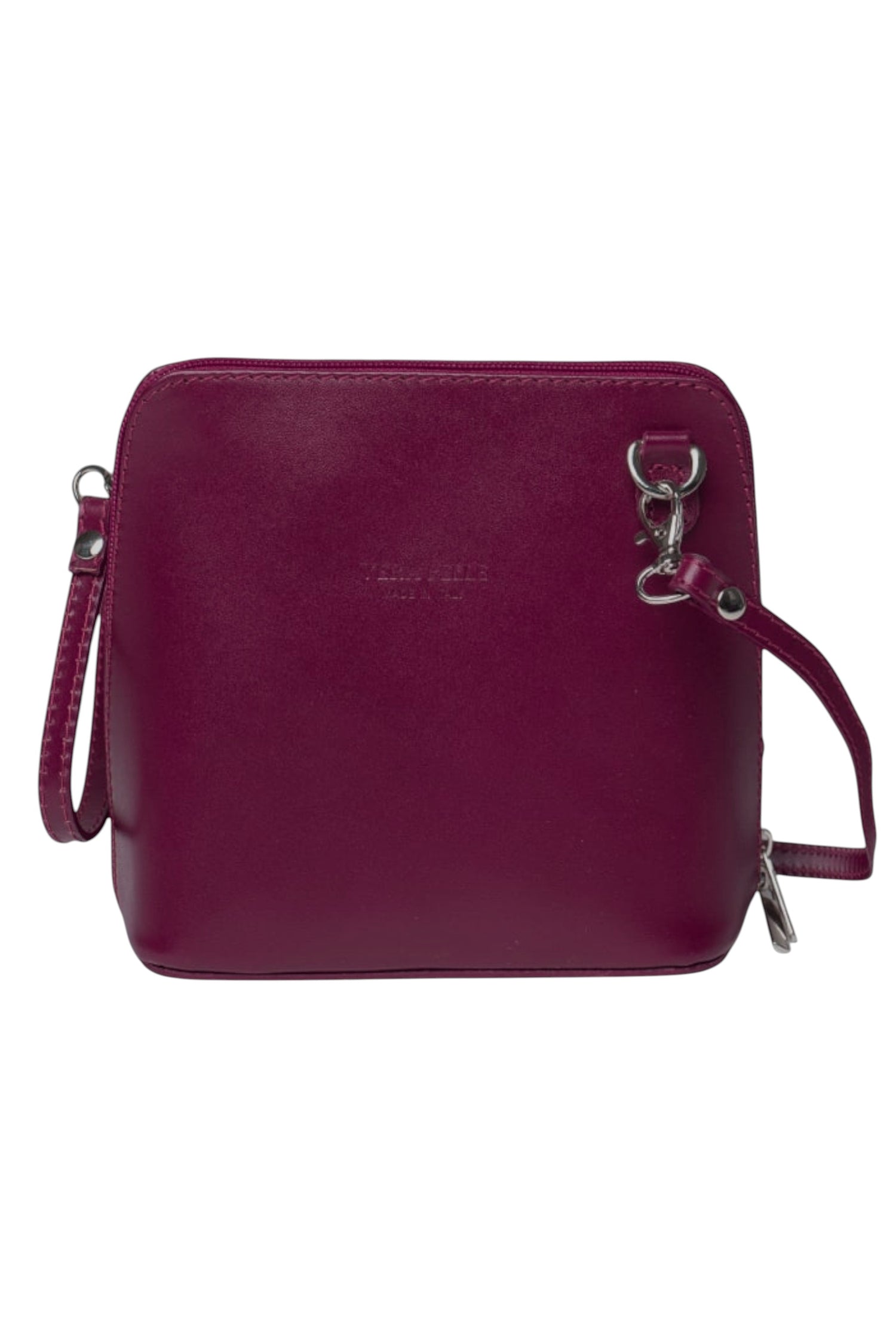 Geantă visiniu din piele naturală, cu design minimalist și curea detașabilă, perfectă pentru purtare pe umăr sau crossbody.

