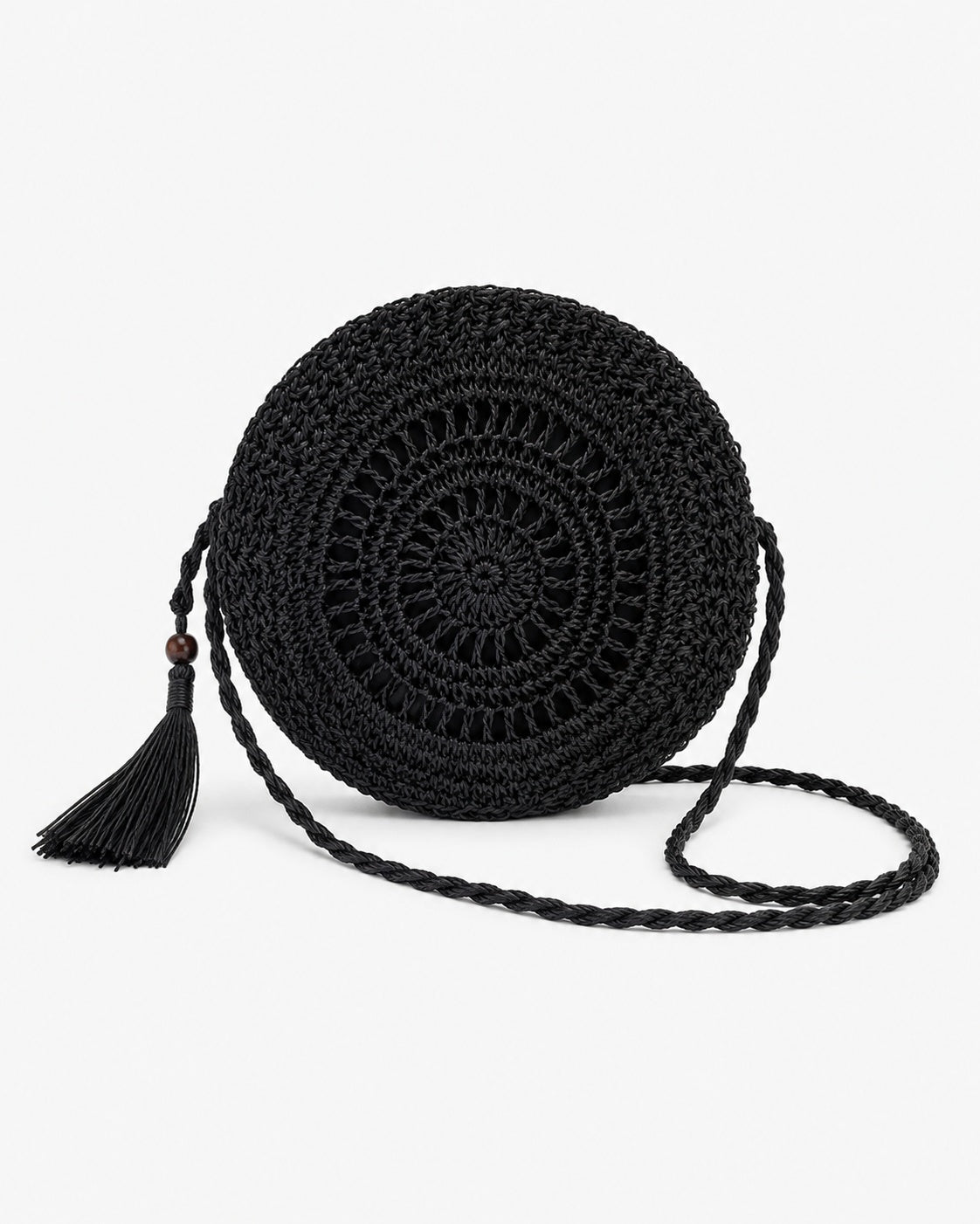 Geantă rotundă împletită din fibre de hârtie, vedere din față
