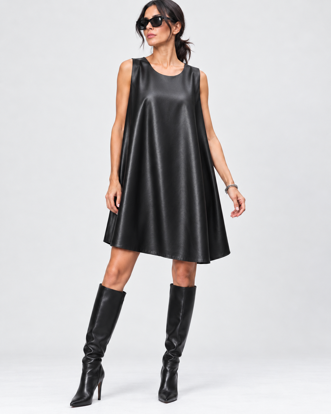 Rochie sarafan din piele ecologică, nuanță negru