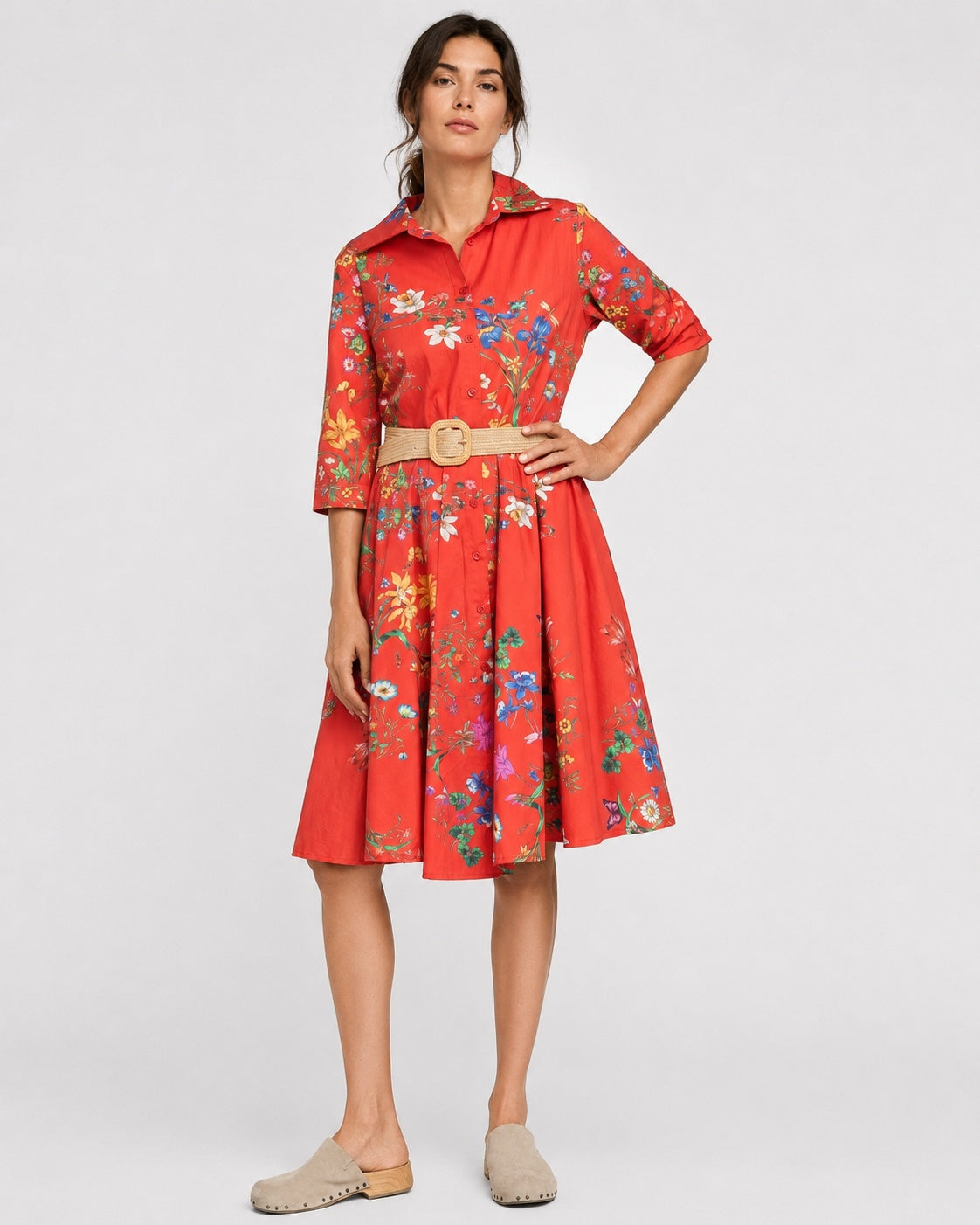 Rochie tip cămașă din bumbac cu imprimeu floral cu narcise și frezii, vedere din față, All Above Boutique.