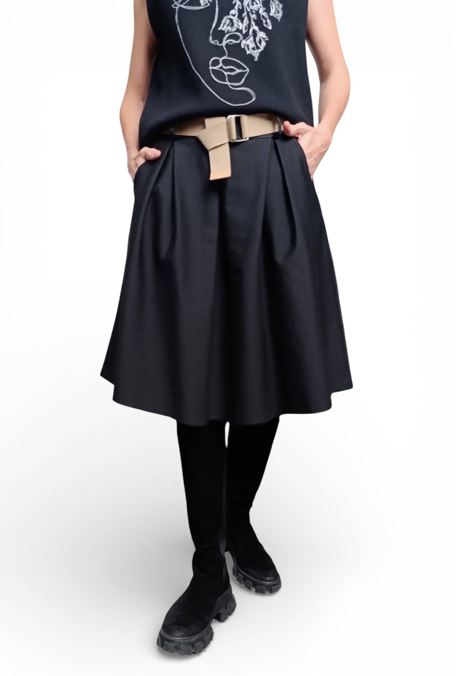 Fustă Midi Evazată Din Bumbac - Curea Textilă - Croială Lejeră