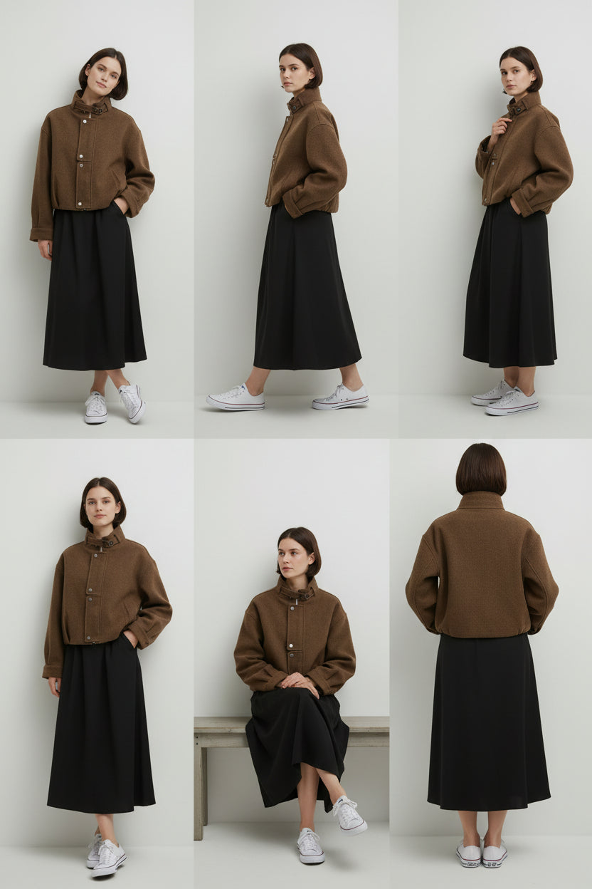 Jachetă scurtă maro croială lejeră și buzunare laterale discrete.