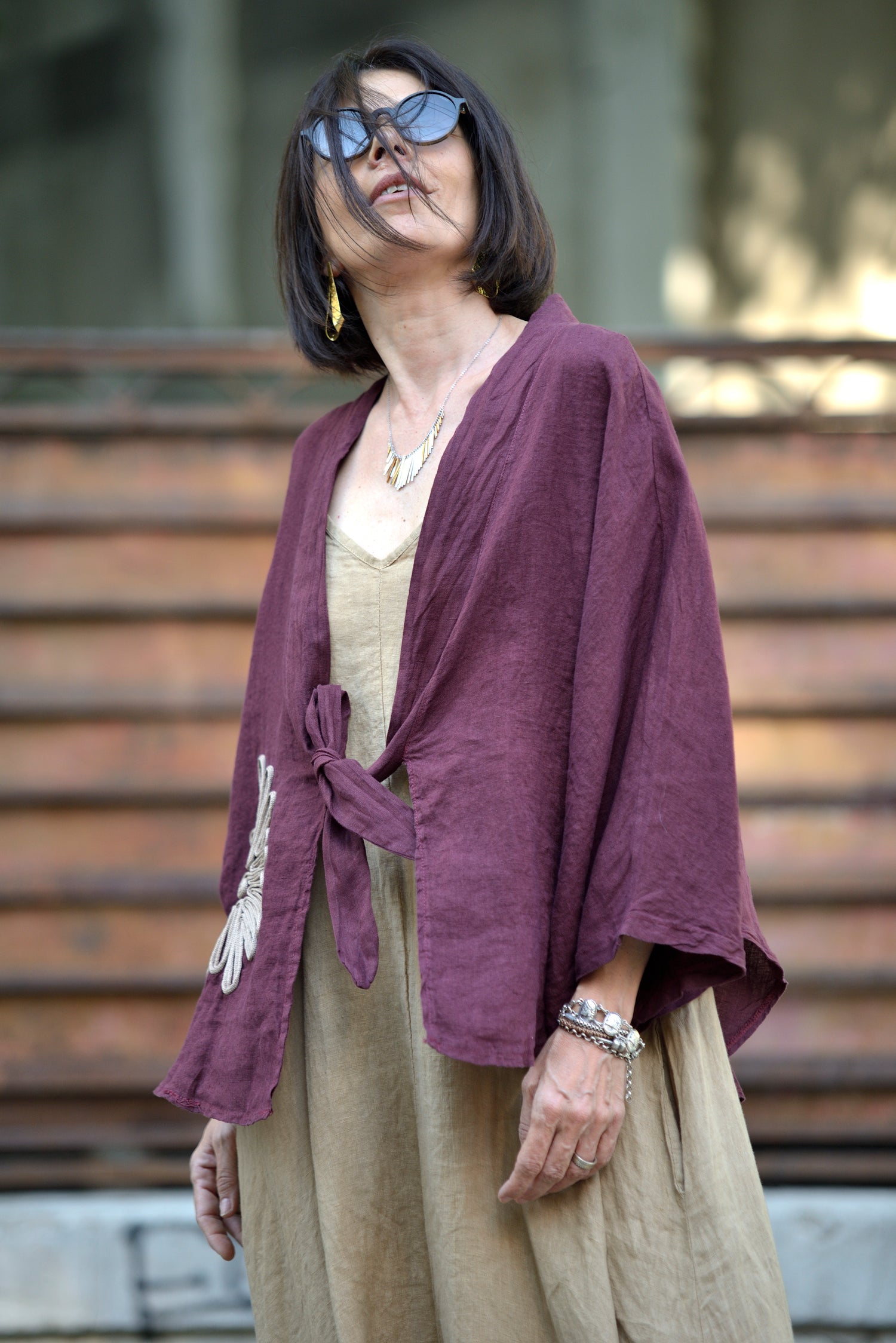 Kimono din in visiniu, textură naturală și închidere cu nod