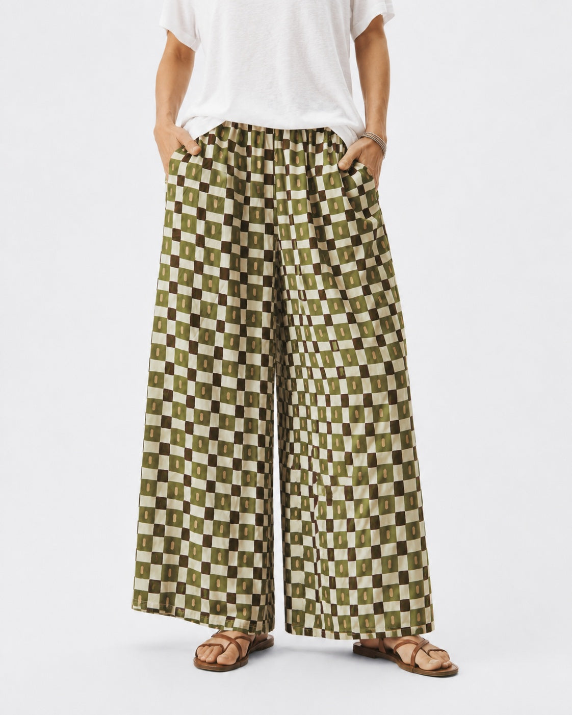 Pantaloni palazzo din bumbac cu imprimeu geometric, în nuanța verde, vedere din față.