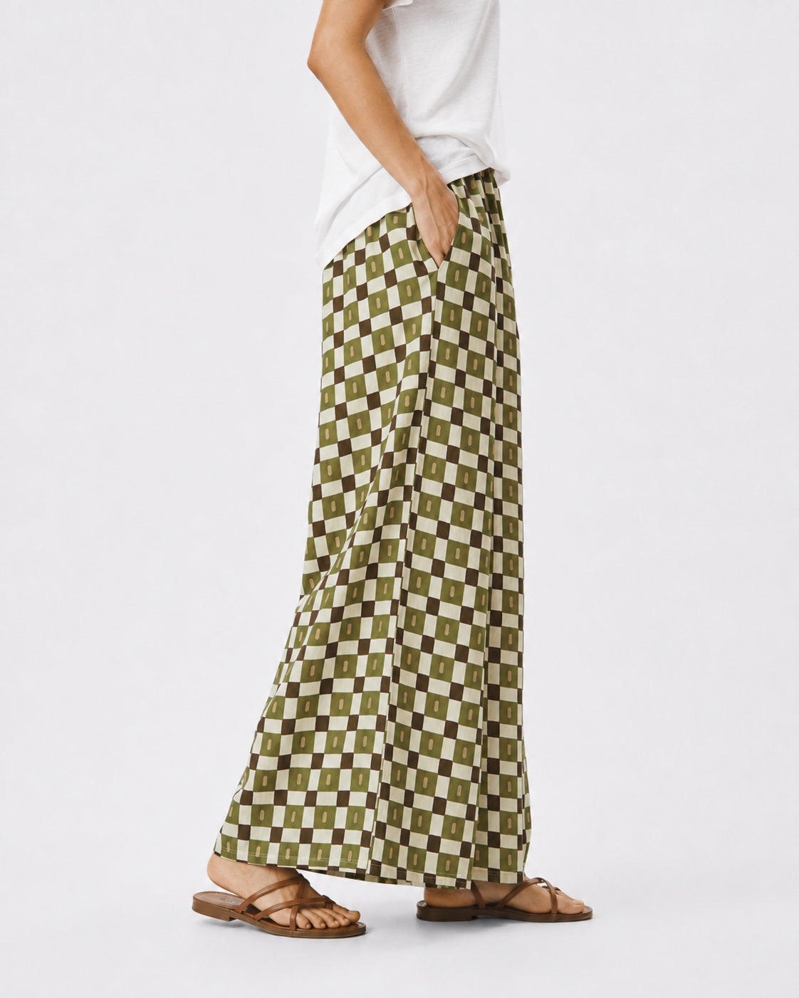 Pantaloni palazzo din bumbac cu imprimeu geometric, în nuanța verde, vedere din profil.