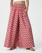 Pantaloni palazzo din bumbac cu imprimeu geometric, în nuanța roșu, vedere frontală.