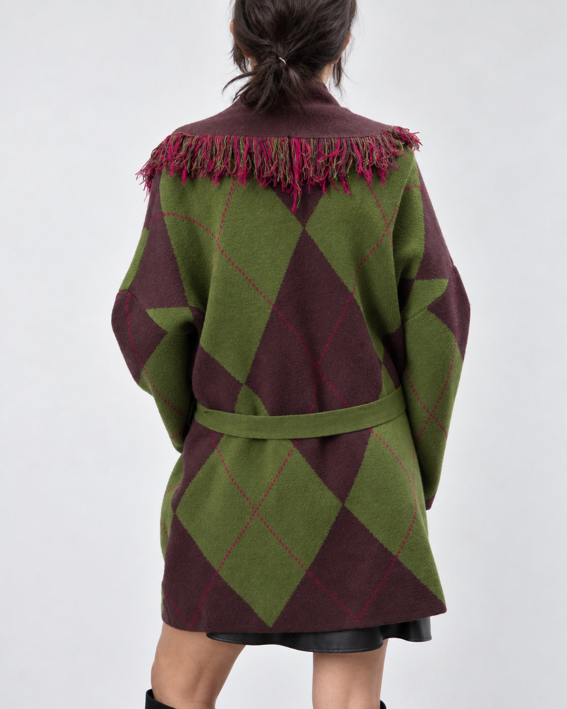 Cardigan multicolor cu franjuri și cordon, vedere din spate