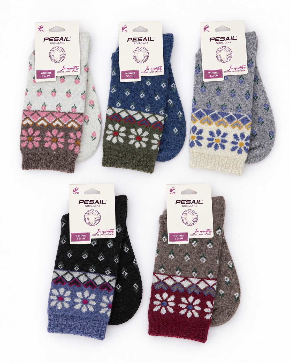 Șosete din lână și cașmir cu model floral și inimioare, prezentarea colecției de nuanțe.
