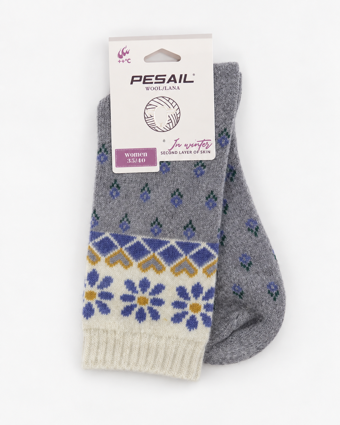 Șosete din lână și cașmir, detaliu cu modelul floral și inimioare.