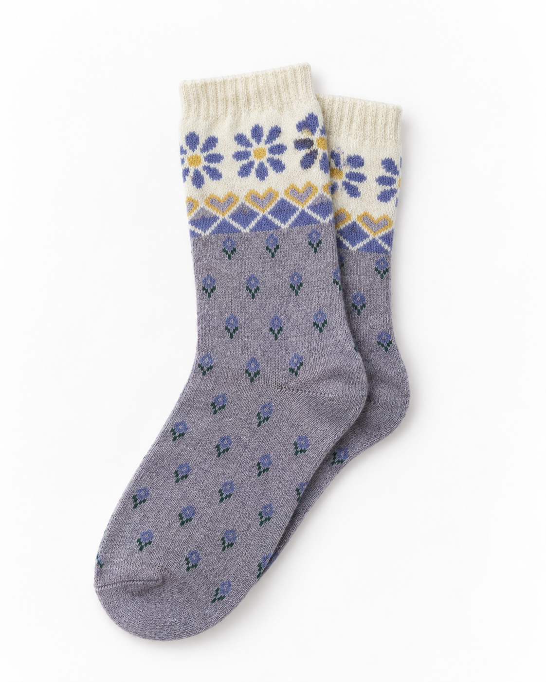 Șosete din lână și cașmir cu model floral și inimioare, în nuanța gri deschis.