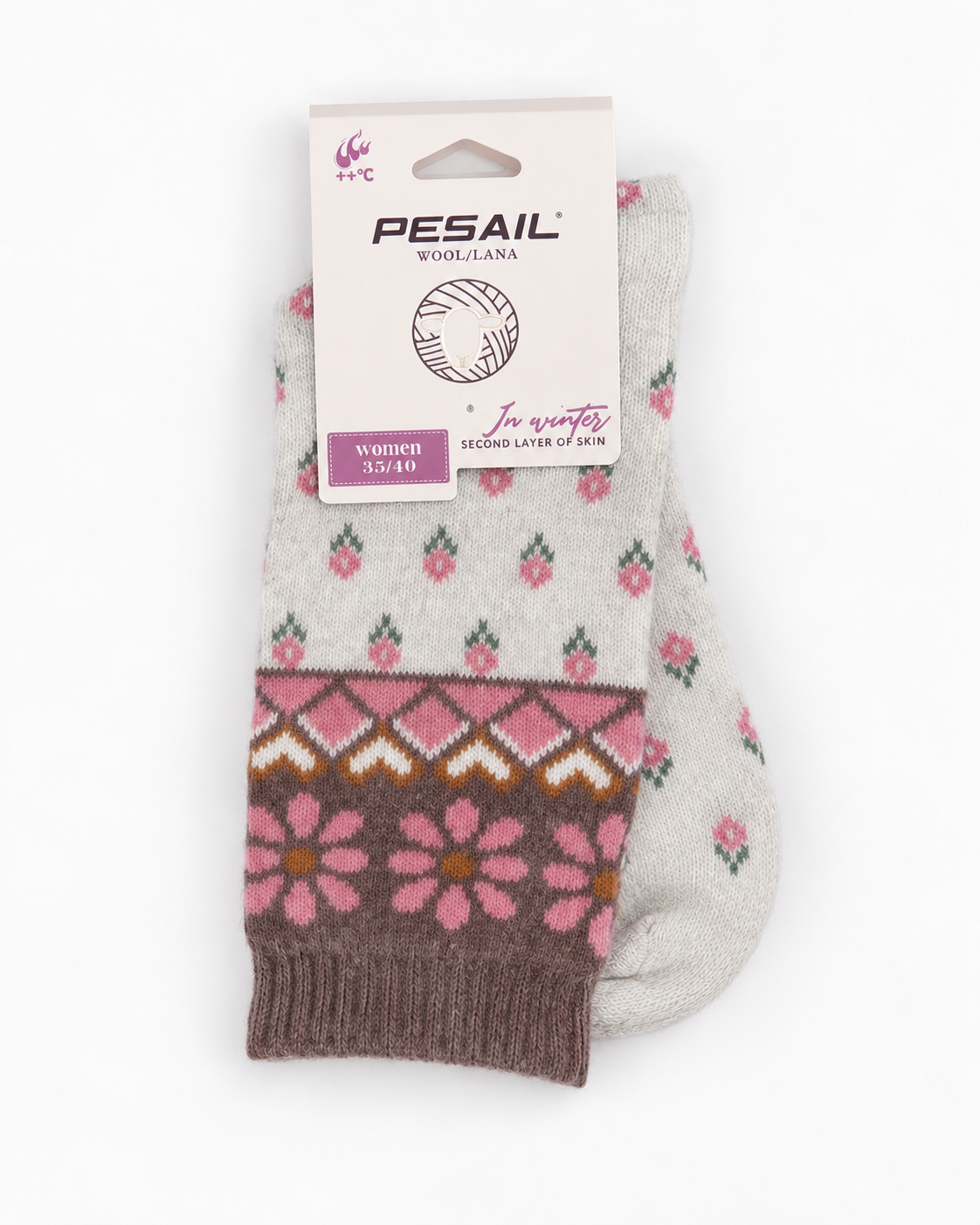 Șosete din lână și cașmir cu model floral și inimioare, în nuanța ivoire.