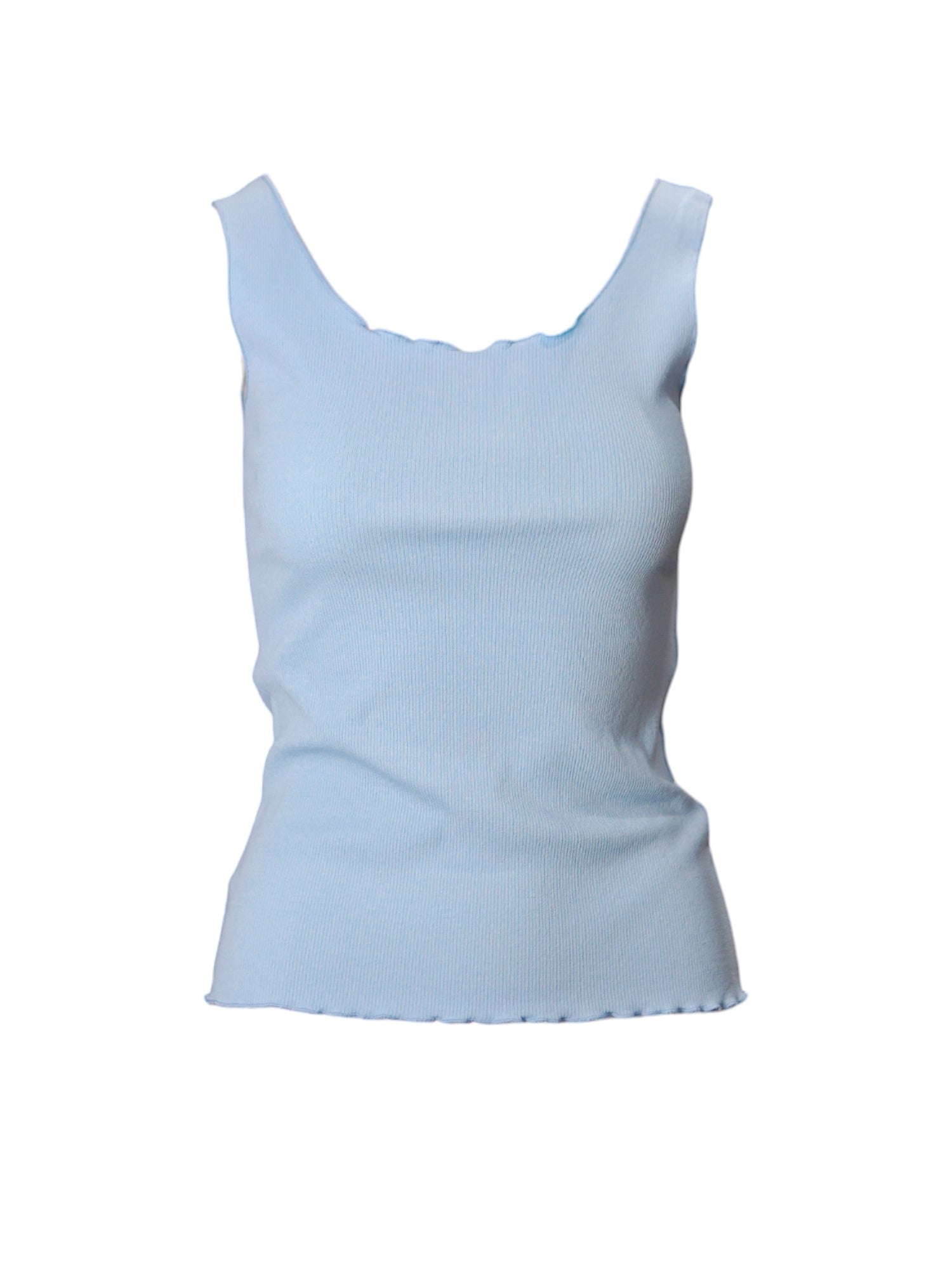 Maieu bleu deschis fără mâneci, croială slim, cu decolteu rotund și tiv ondulat, din material ribat elastic

