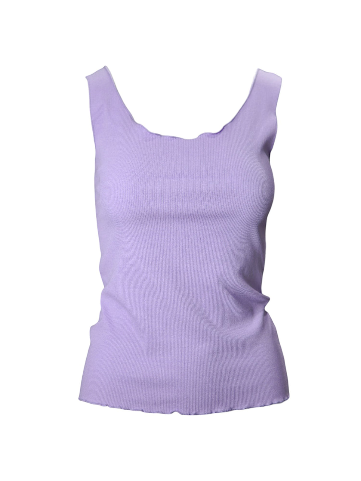 Maieu lila feminin fără mâneci, cu margini ondulate, din material elastic cu aspect canelat