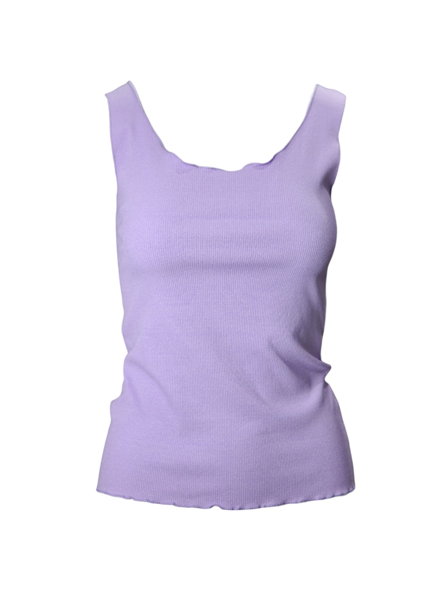 Maieu lila feminin fără mâneci, cu margini ondulate, din material elastic cu aspect canelat