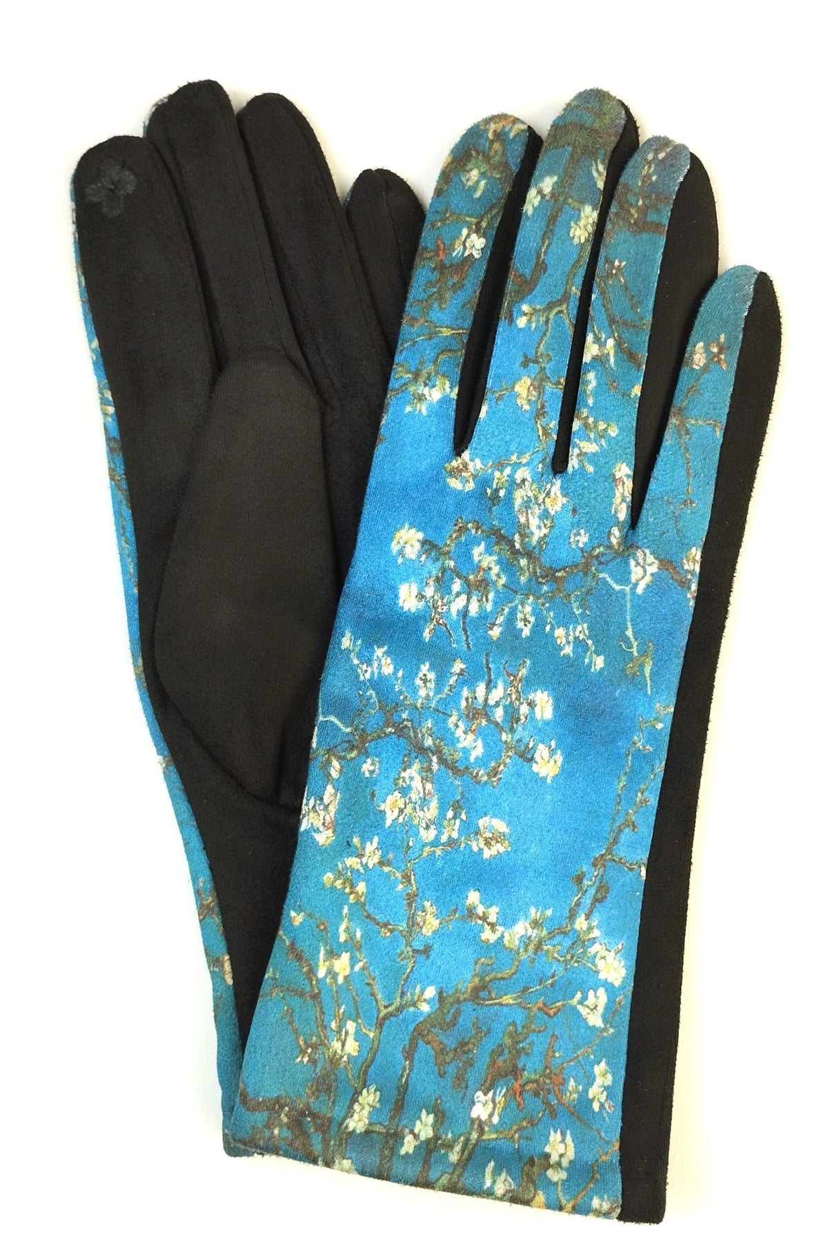 Mănuși elegante albastre cu imprimeu floral, moi și călduroase, ideale pentru sezonul rece.