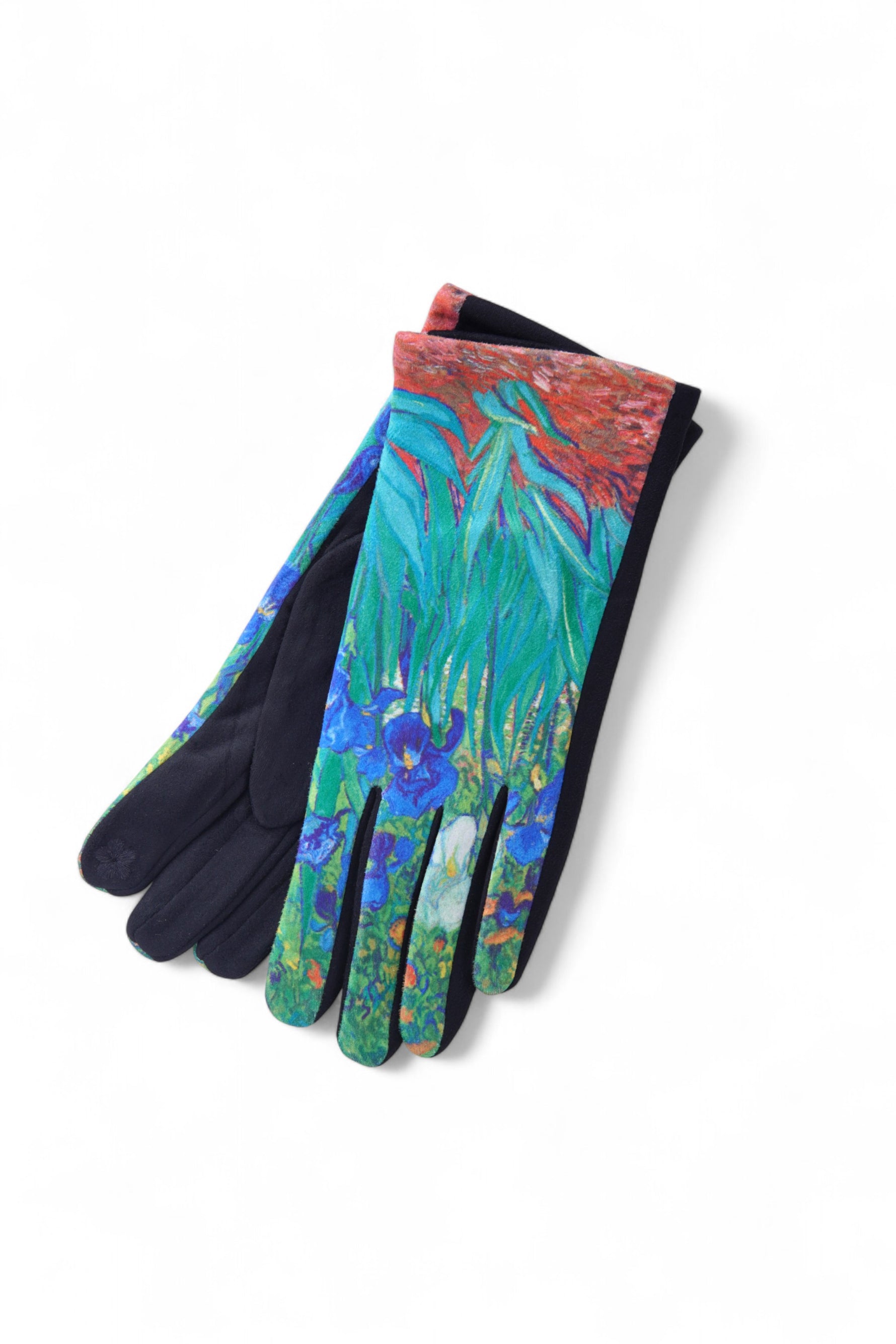 Mănuși cu imprimeu abstract în nuanțe vibrante de albastru, verde și roșu, prezentate individual.