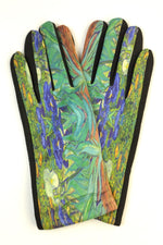 Mănuși din material textil cu imprimeu floral inspirat din pictura „Iriși” a lui Van Gogh – vedere față.