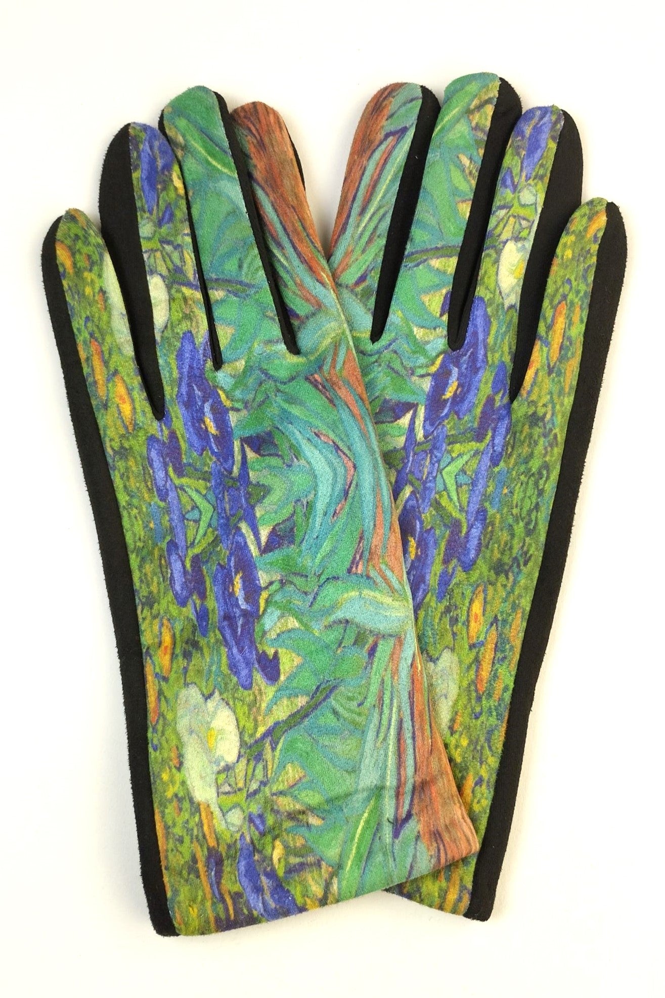 Mănuși din material textil cu imprimeu floral inspirat din pictura „Iriși” a lui Van Gogh – vedere față.
