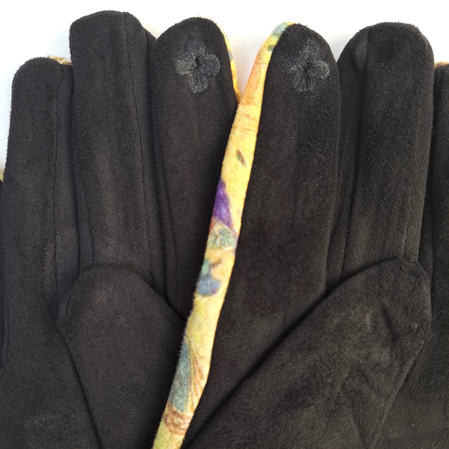 Mănuși cu imprimeu Van Gogh, vedere din lateral și spate, partea neagră din material textil.