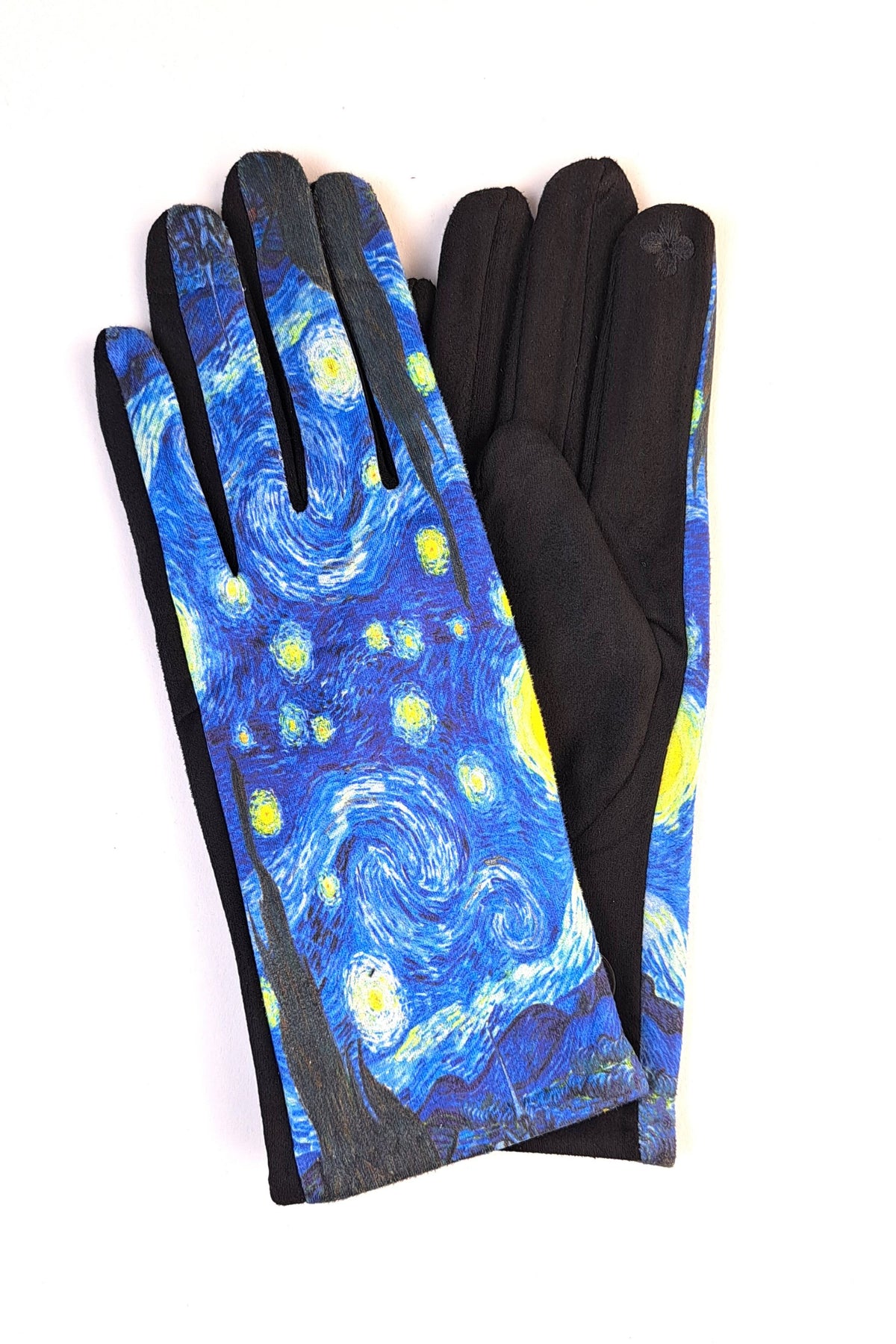 Fața mănușilor cu imprimeu inspirat din pictura celebră „Noaptea Înstelată”, în nuanțe de albastru și galben.
