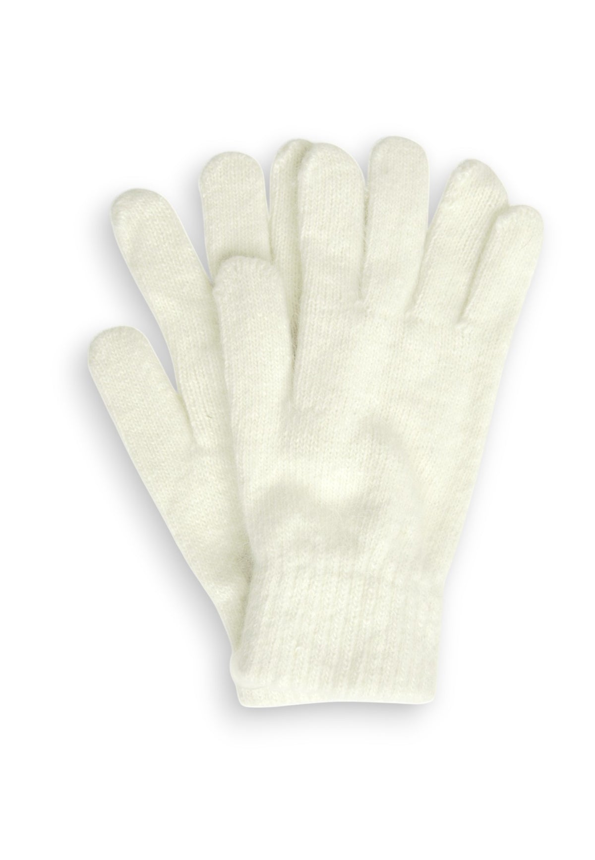 Mănuși pufoase din mohair albedeschis, cu textură fină și aspect delicat.