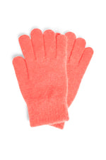 Mănuși pufoase din mohair, culoare coral, cu textură moale și finisaj delicat, ideale pentru sezonul rece.