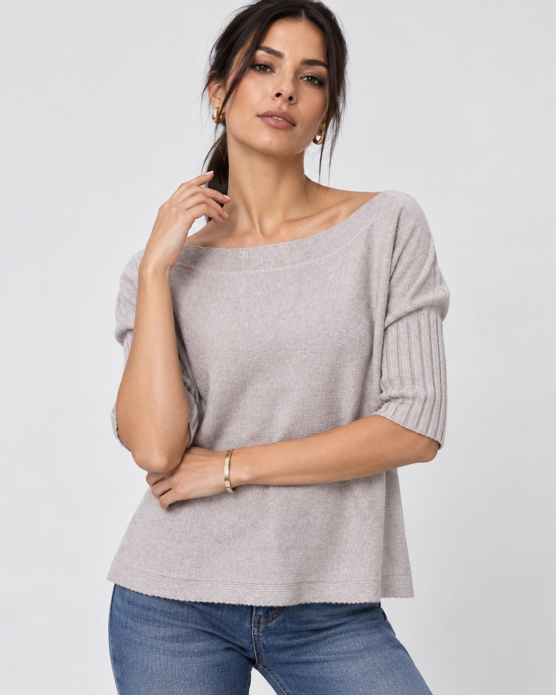 Bluză din tricot soft cu mânecă scurtă, nuanță grej