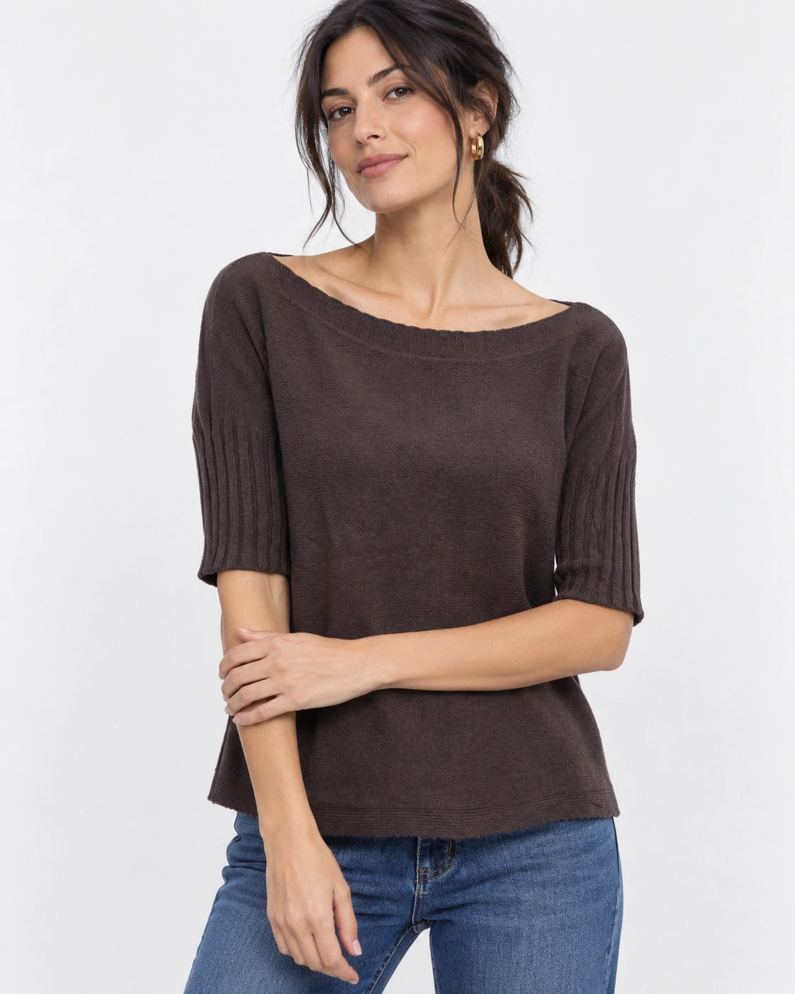 Bluză din tricot soft cu mânecă scurtă, nuanță maro