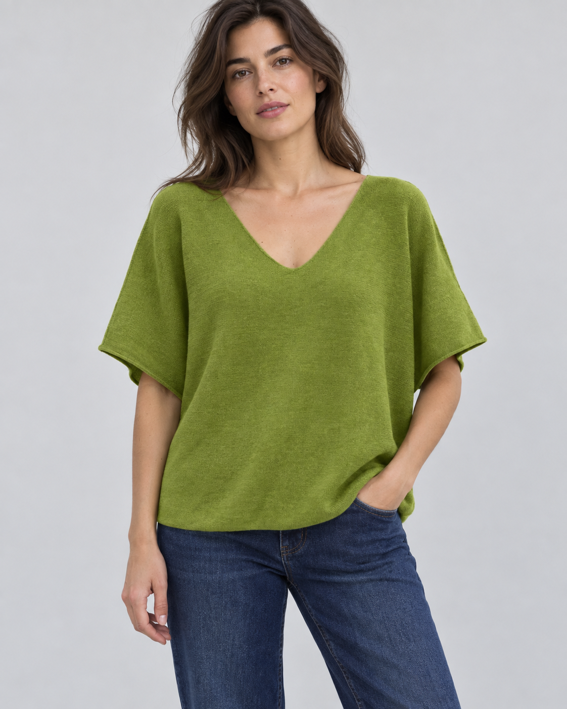Pulover fluture cu mânecă scurtă și decolteu în V, nuanță verde fistic