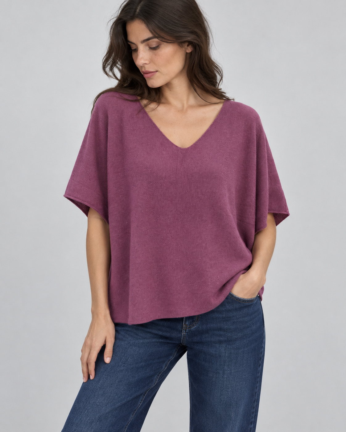 Pulover fluture cu mânecă scurtă și decolteu în V, nuanță violet