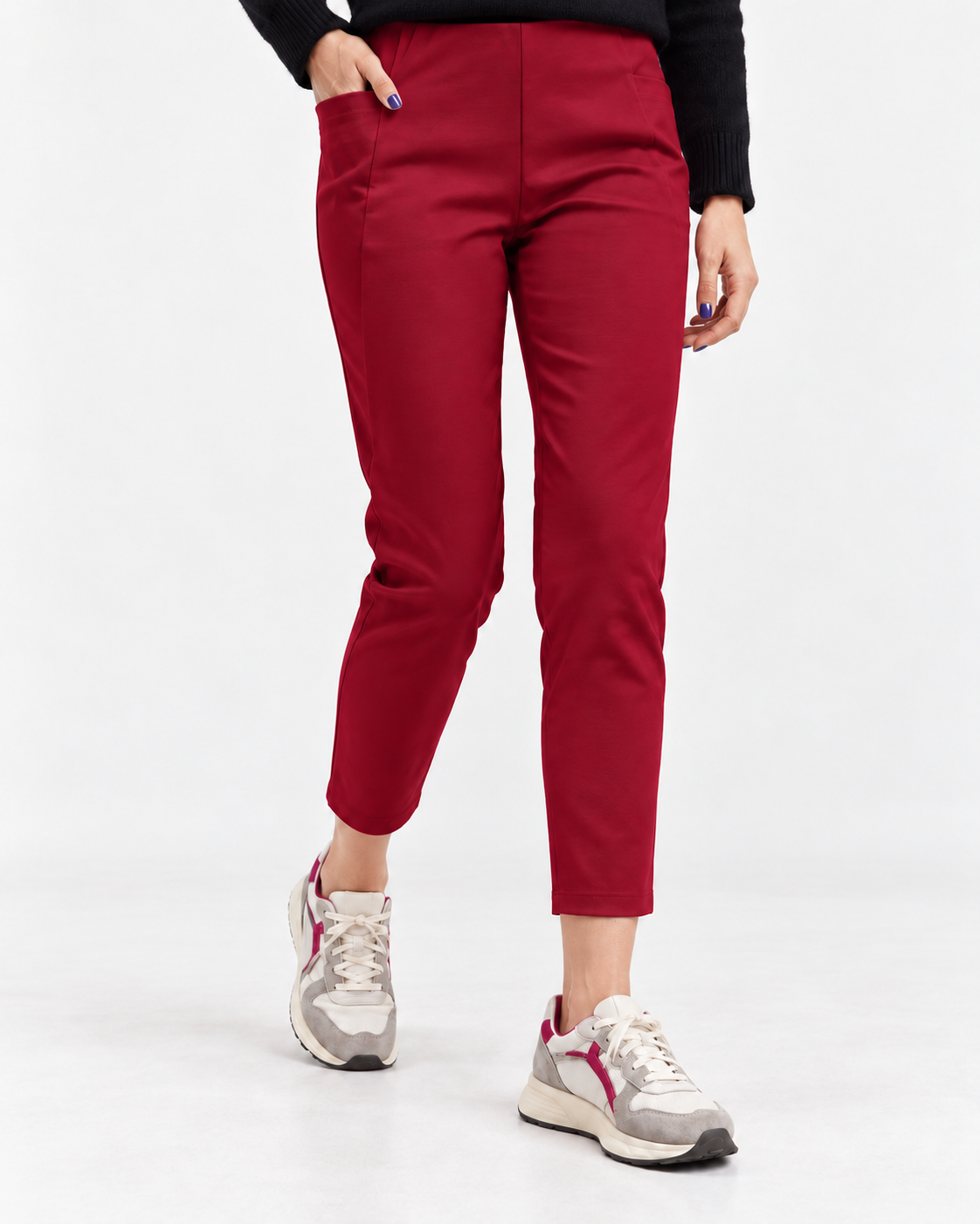Pantaloni conici roșu închis din jerse, lungi până la gleznă, cu buzunare în V, model în mers - All Above Boutique