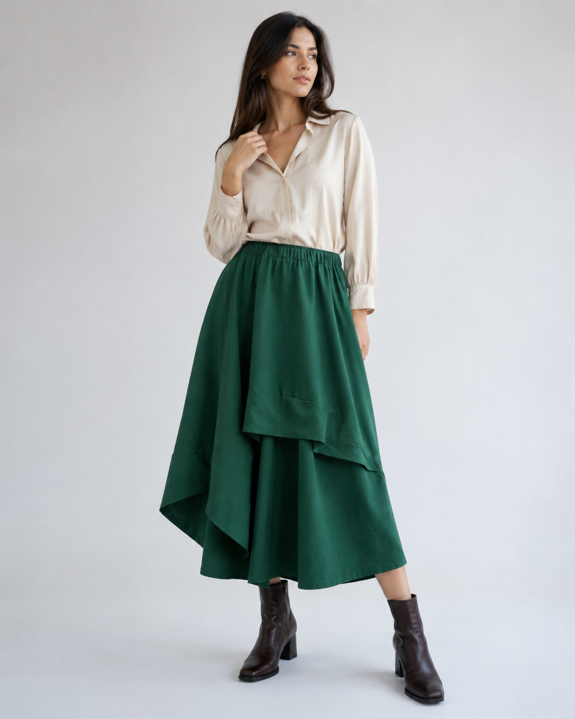 Fustă midi din jerse cu croială asimetrică, nuanța verde închis, All Above Boutique.