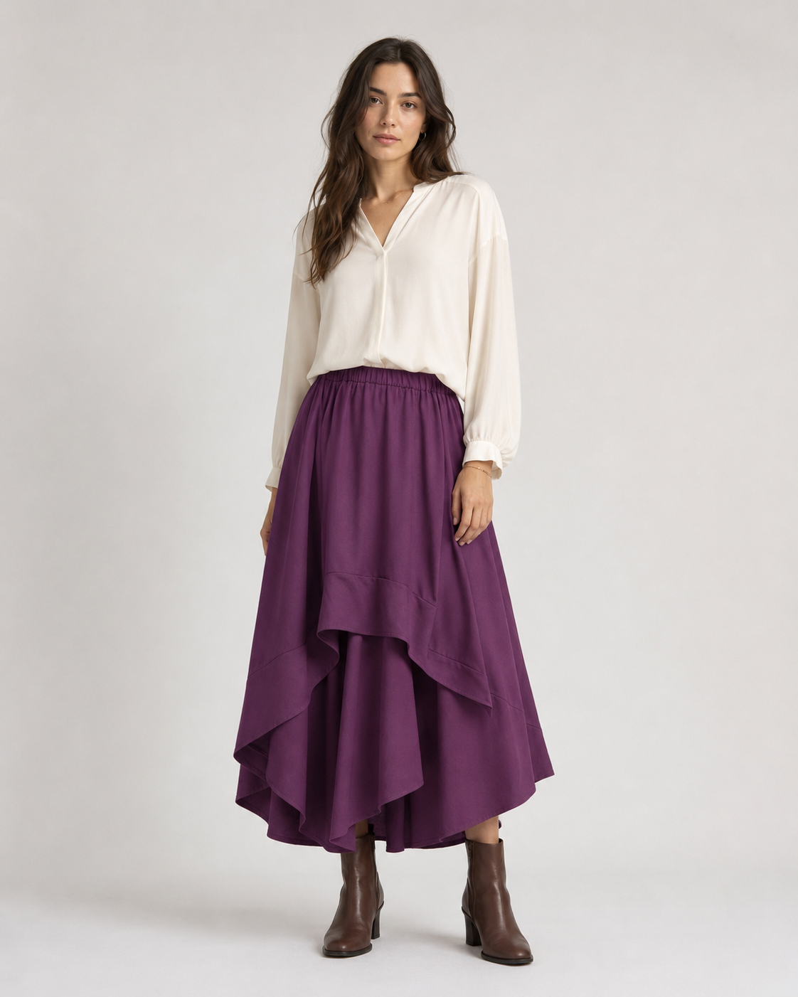 Fustă midi din jerse cu croială asimetrică, nuanța violet, All Above Boutique.