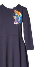 Rochie midi balon cu mânecă lungă și floare imprimată, în nuanța bleumarin, detaliu, All Above Boutique