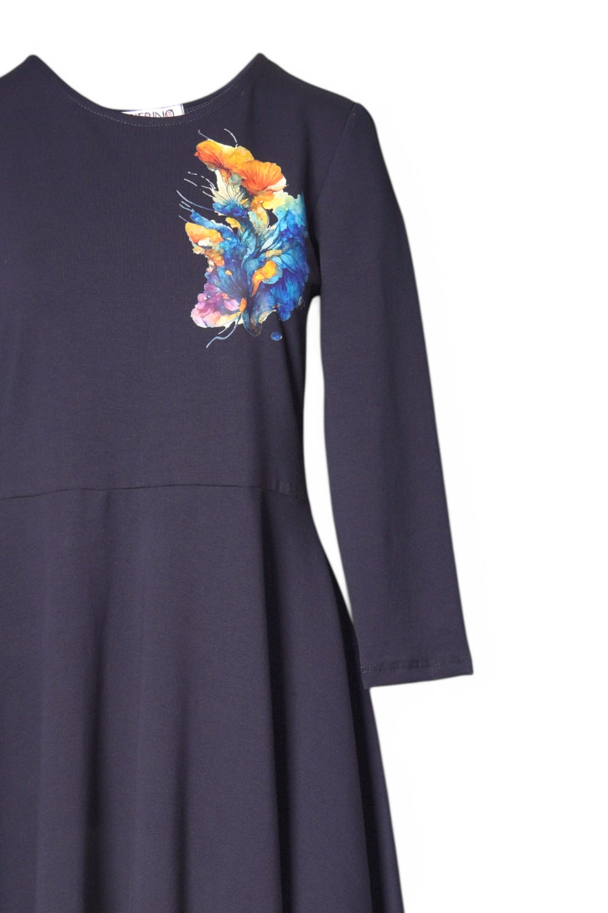 Rochie midi balon cu mânecă lungă și floare imprimată, în nuanța bleumarin, detaliu, All Above Boutique