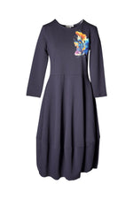 Rochie midi balon cu mânecă lungă și floare imprimată, în nuanța bleumarin, vedere frontală, All Above Boutique