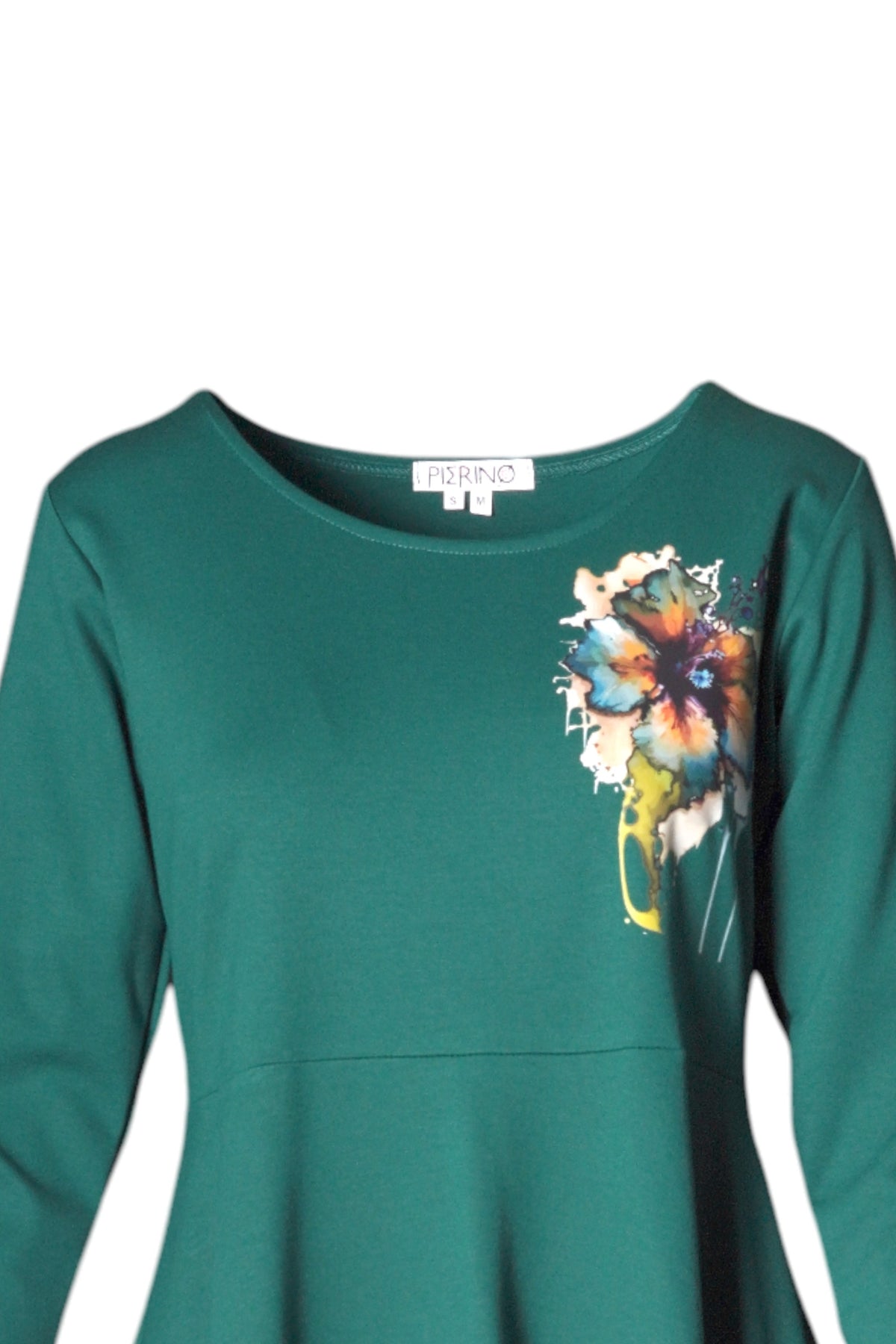 Rochie cloș cu mânecă trei sferturi și floare imprimată, în nuanța verde închis, detaliu, All Above Boutique